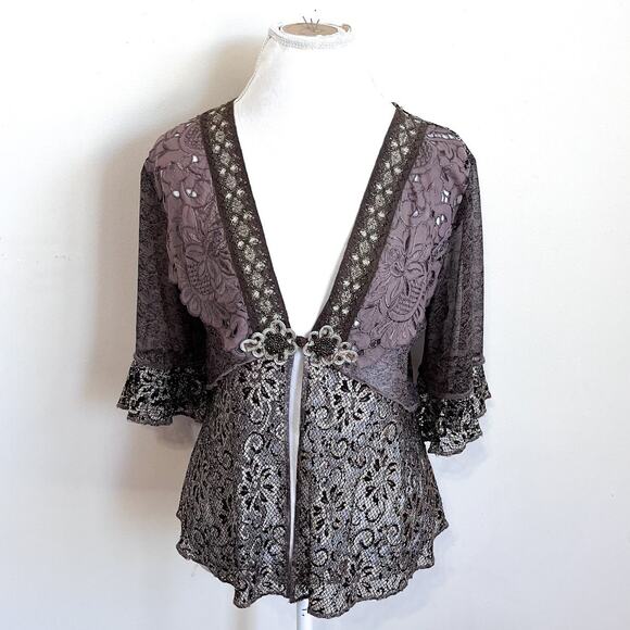 Vintage Y2K Spencer Alexis Forest Fairy Top Size LP Brown Whimsigoth Sheer Lace - Picture 1 of 10